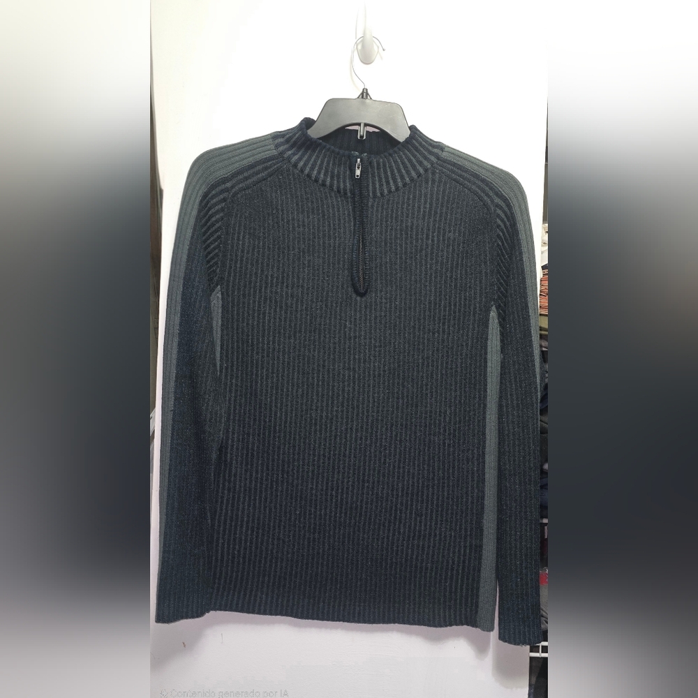 Men's Casual Long Sleeve Zip-Up Black and Gray Ribbed Sweater Size L